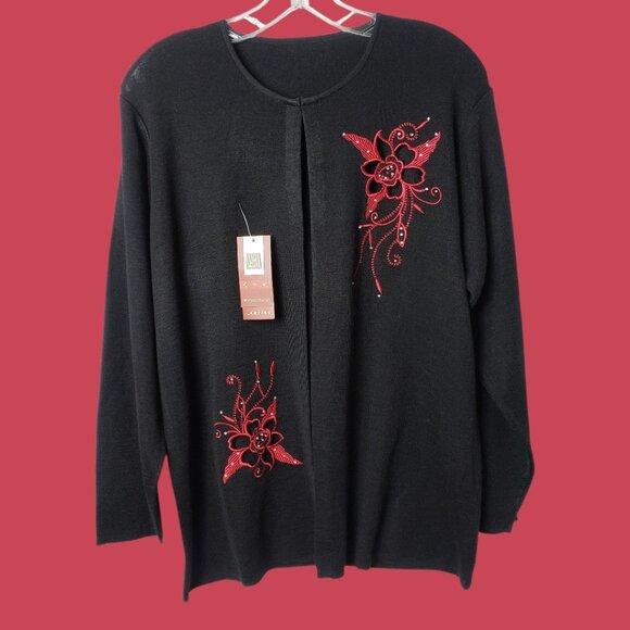 Jindini Collection Cardigan With Red Embroidered Floral Design Large - Picture 1 of 11